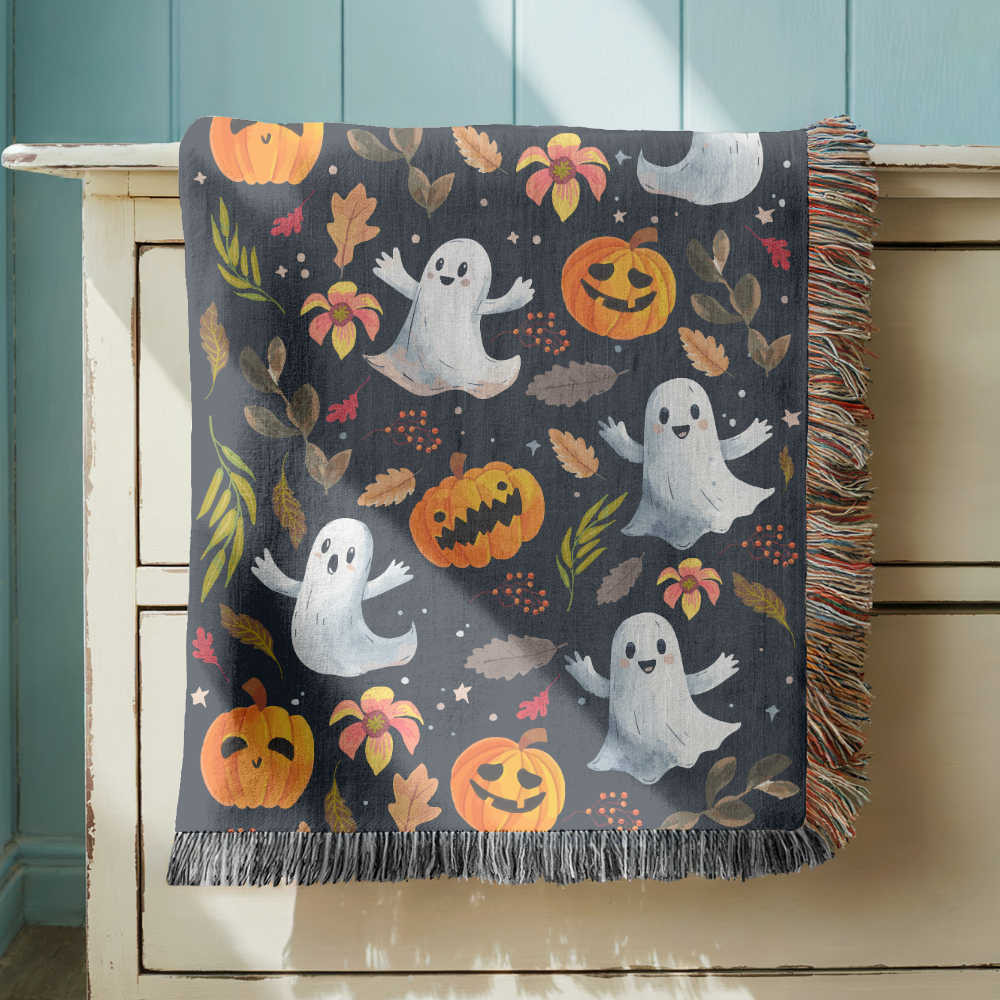 Halloween Ghost Pumpkin Woven Blanket, Cute Spooky Throw, Autumn Home Decor, Cozy Witchy Gift for Halloween Lovers, Ghostly Fall Decor