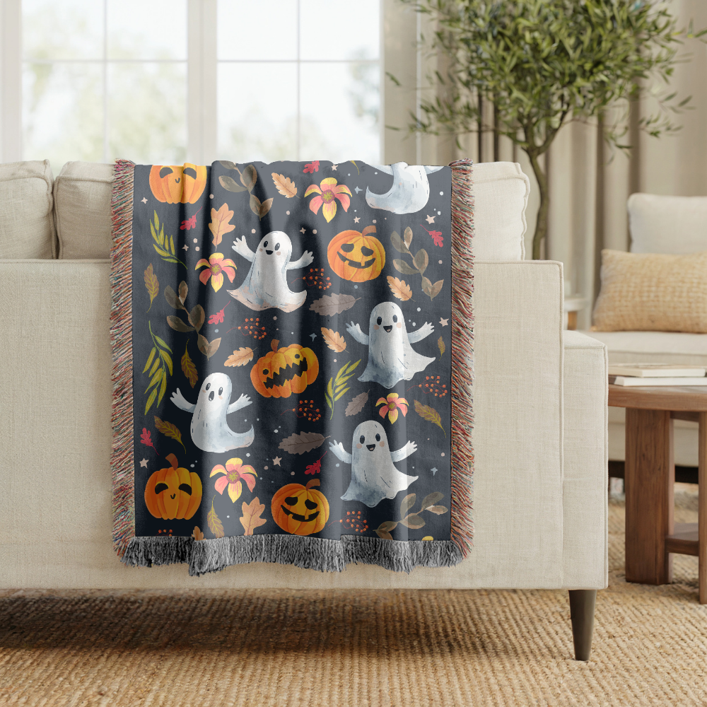 Halloween Ghost Pumpkin Woven Blanket, Cute Spooky Throw, Autumn Home Decor, Cozy Witchy Gift for Halloween Lovers, Ghostly Fall Decor