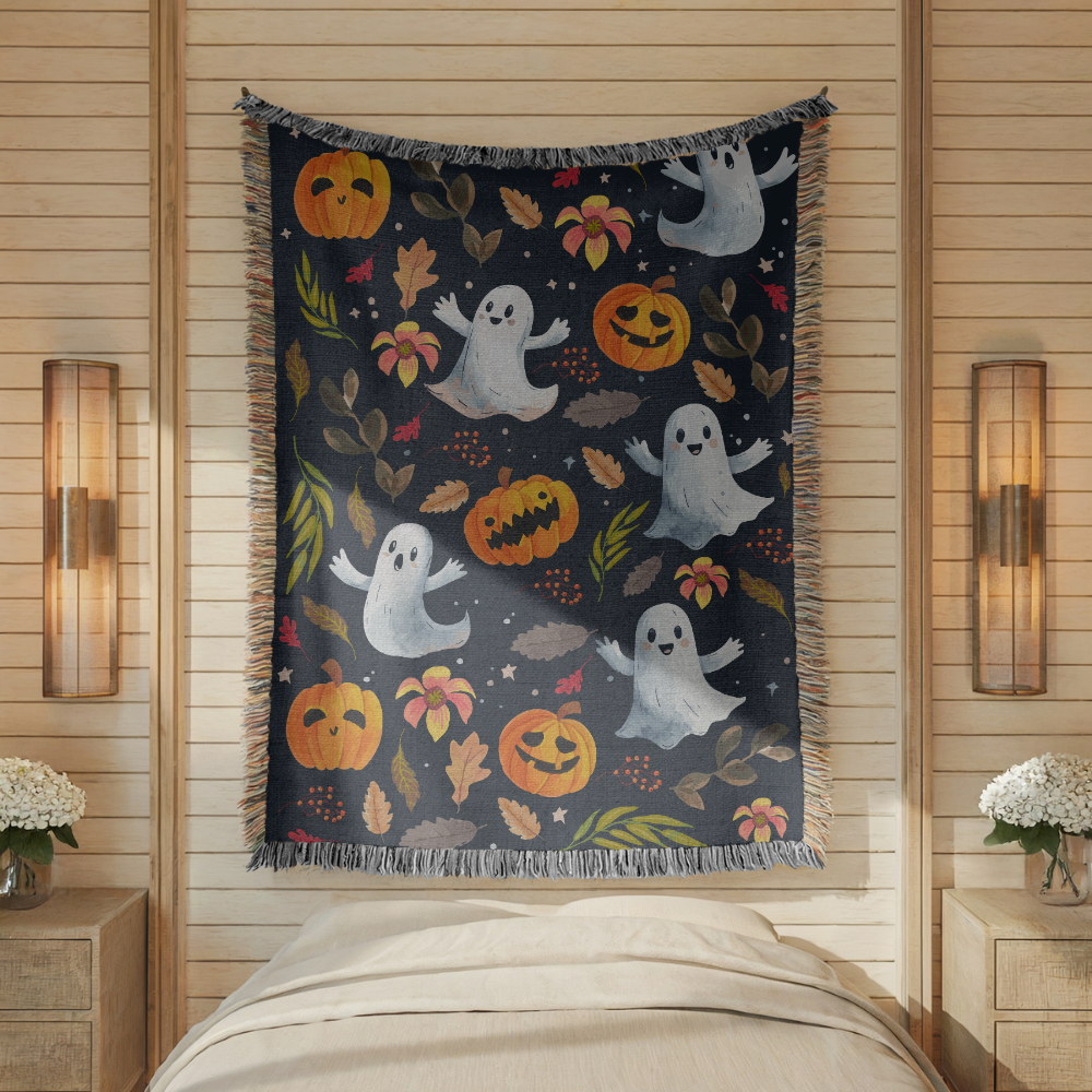 Halloween Ghost Pumpkin Woven Blanket, Cute Spooky Throw, Autumn Home Decor, Cozy Witchy Gift for Halloween Lovers, Ghostly Fall Decor