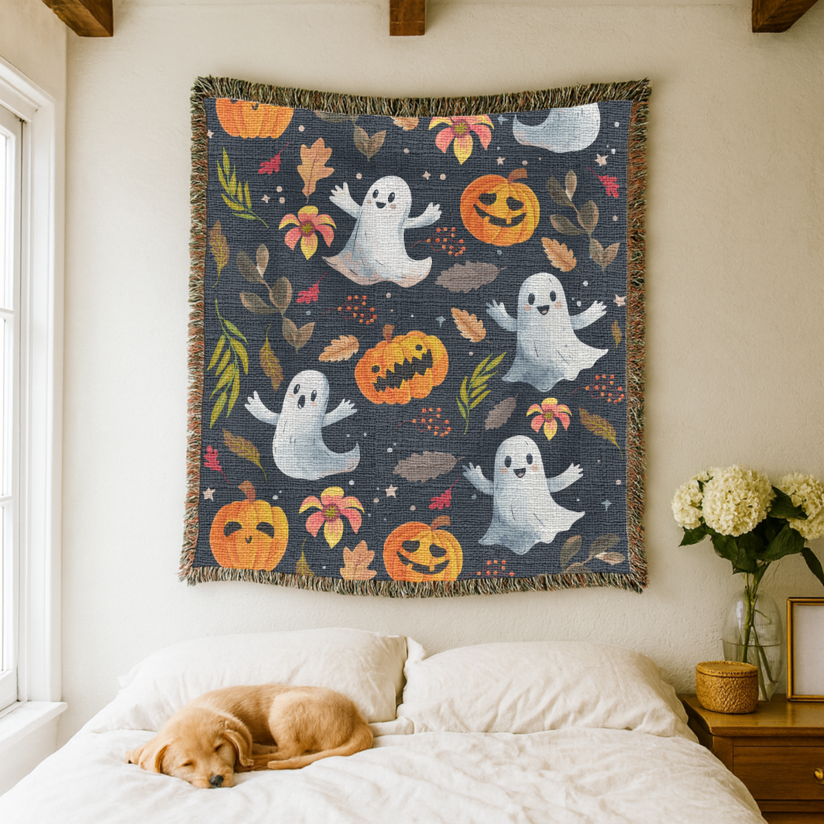 Halloween Ghost Pumpkin Woven Blanket, Cute Spooky Throw, Autumn Home Decor, Cozy Witchy Gift for Halloween Lovers, Ghostly Fall Decor