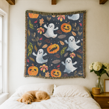 Halloween Ghost Pumpkin Woven Blanket, Cute Spooky Throw, Autumn Home Decor, Cozy Witchy Gift for Halloween Lovers, Ghostly Fall Decor