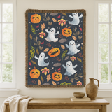 Halloween Ghost Pumpkin Woven Blanket, Cute Spooky Throw, Autumn Home Decor, Cozy Witchy Gift for Halloween Lovers, Ghostly Fall Decor