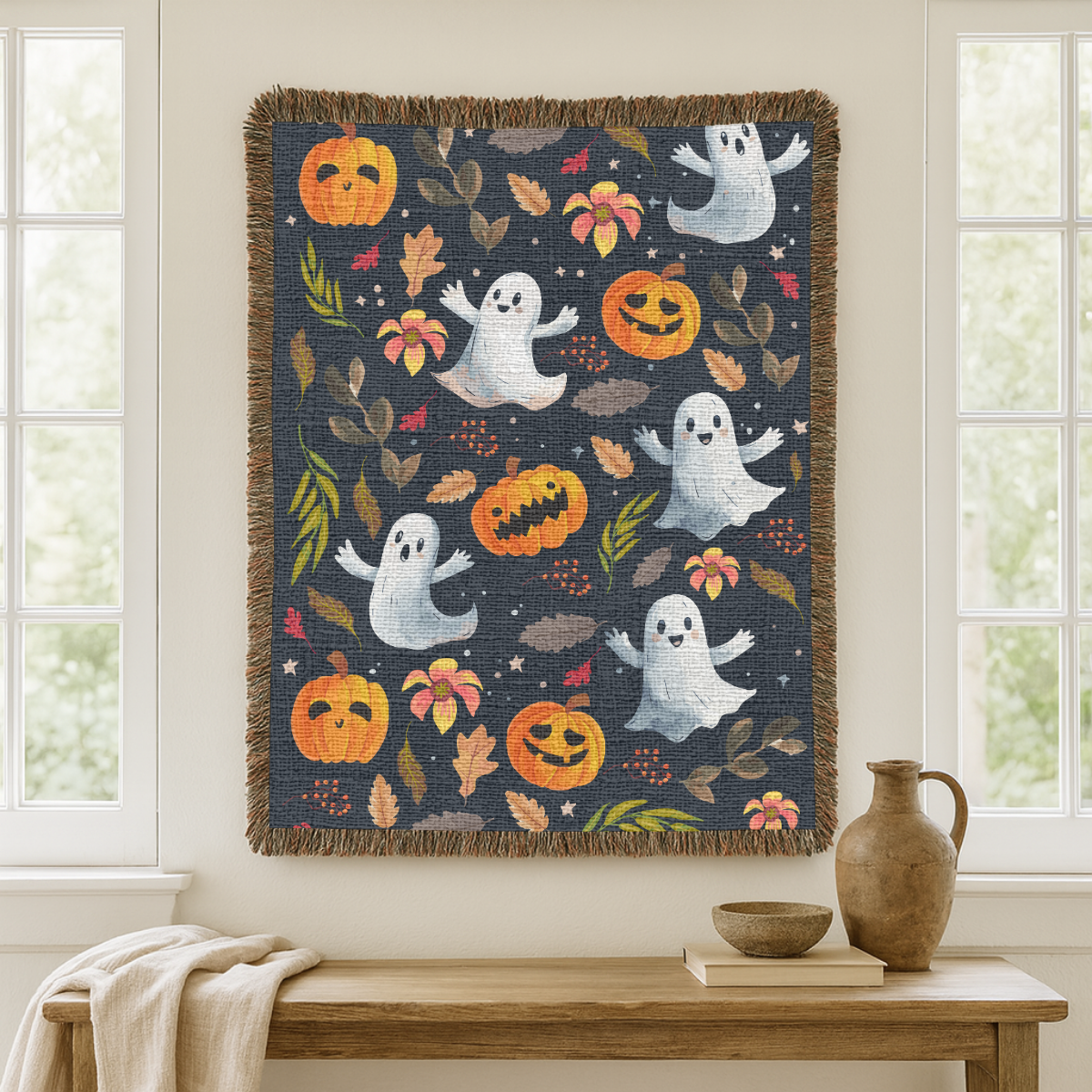 Halloween Ghost Pumpkin Woven Blanket, Cute Spooky Throw, Autumn Home Decor, Cozy Witchy Gift for Halloween Lovers, Ghostly Fall Decor