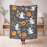 Halloween Ghost Pumpkin Woven Blanket, Cute Spooky Throw, Autumn Home Decor, Cozy Witchy Gift for Halloween Lovers, Ghostly Fall Decor