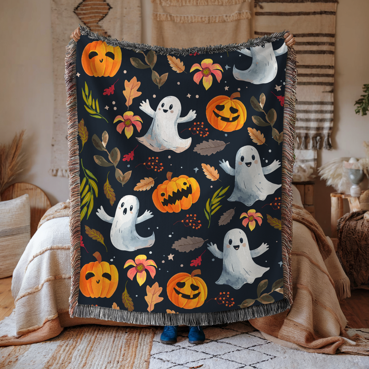 Halloween Ghost Pumpkin Woven Blanket, Cute Spooky Throw, Autumn Home Decor, Cozy Witchy Gift for Halloween Lovers, Ghostly Fall Decor