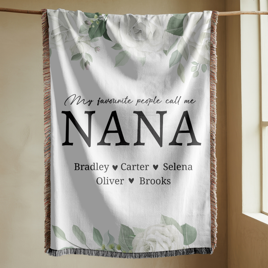 Personalized Nana Floral Woven Blanket, Custom Grandma Throw, Family Name Gift, Cozy Mother's Day Present, Botanical Home Decor for Nana