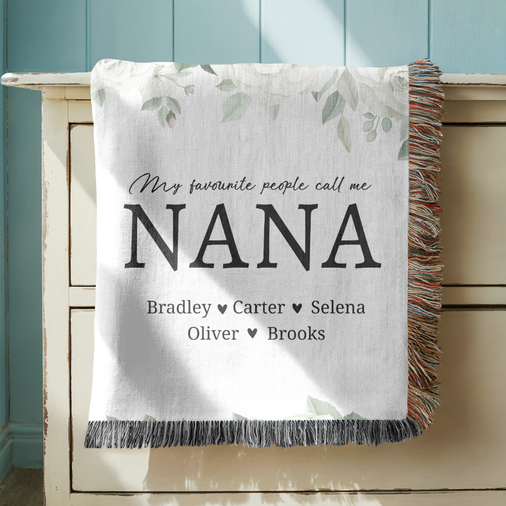 Personalized Nana Floral Woven Blanket, Custom Grandma Throw, Family Name Gift, Cozy Mother's Day Present, Botanical Home Decor for Nana