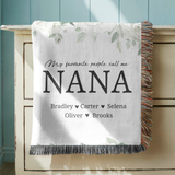 Personalized Nana Floral Woven Blanket, Custom Grandma Throw, Family Name Gift, Cozy Mother's Day Present, Botanical Home Decor for Nana