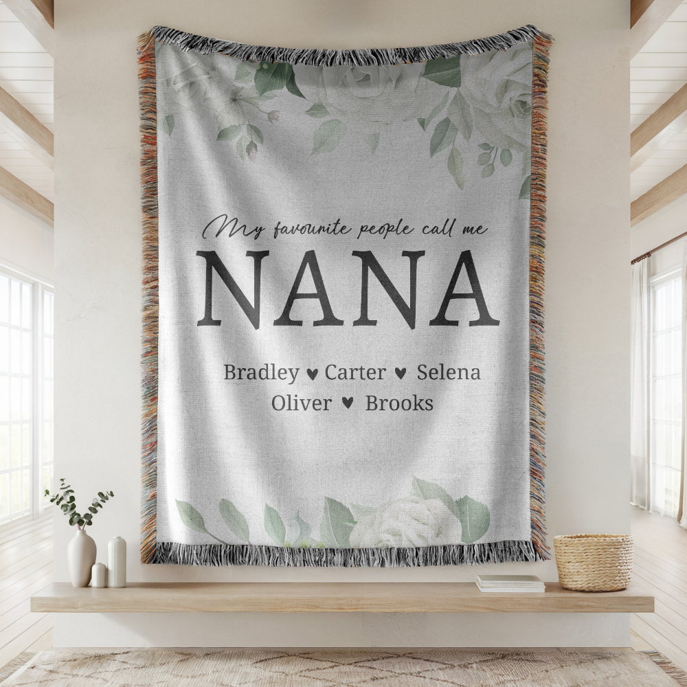 Personalized Nana Floral Woven Blanket, Custom Grandma Throw, Family Name Gift, Cozy Mother's Day Present, Botanical Home Decor for Nana