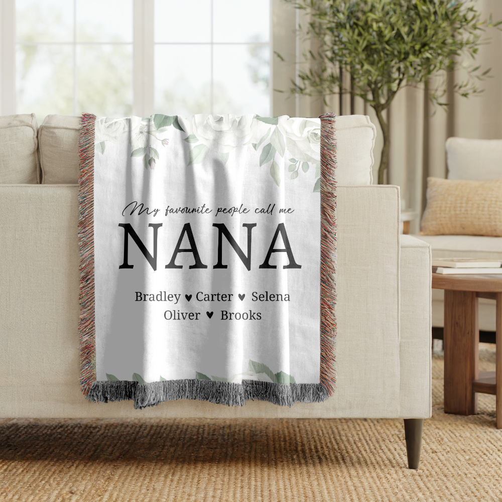 Personalized Nana Floral Woven Blanket, Custom Grandma Throw, Family Name Gift, Cozy Mother's Day Present, Botanical Home Decor for Nana
