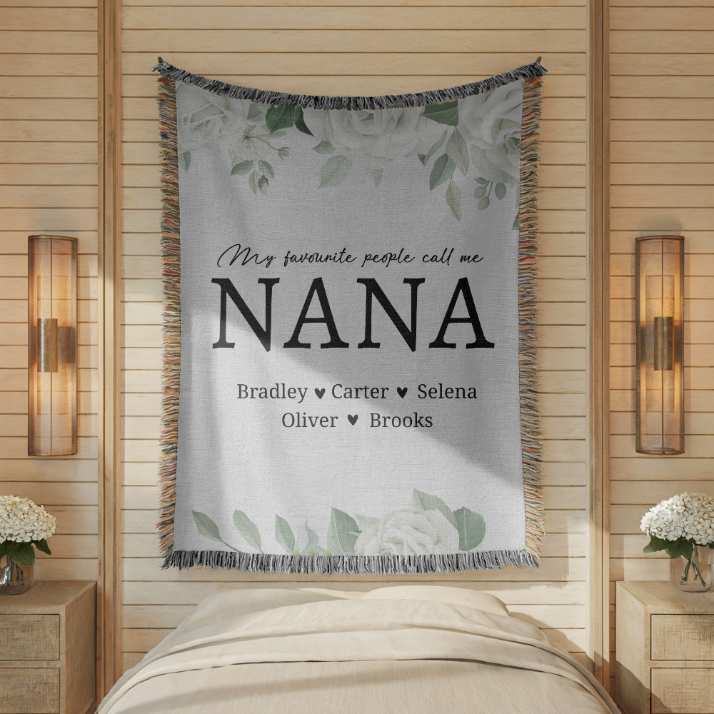 Personalized Nana Floral Woven Blanket, Custom Grandma Throw, Family Name Gift, Cozy Mother's Day Present, Botanical Home Decor for Nana