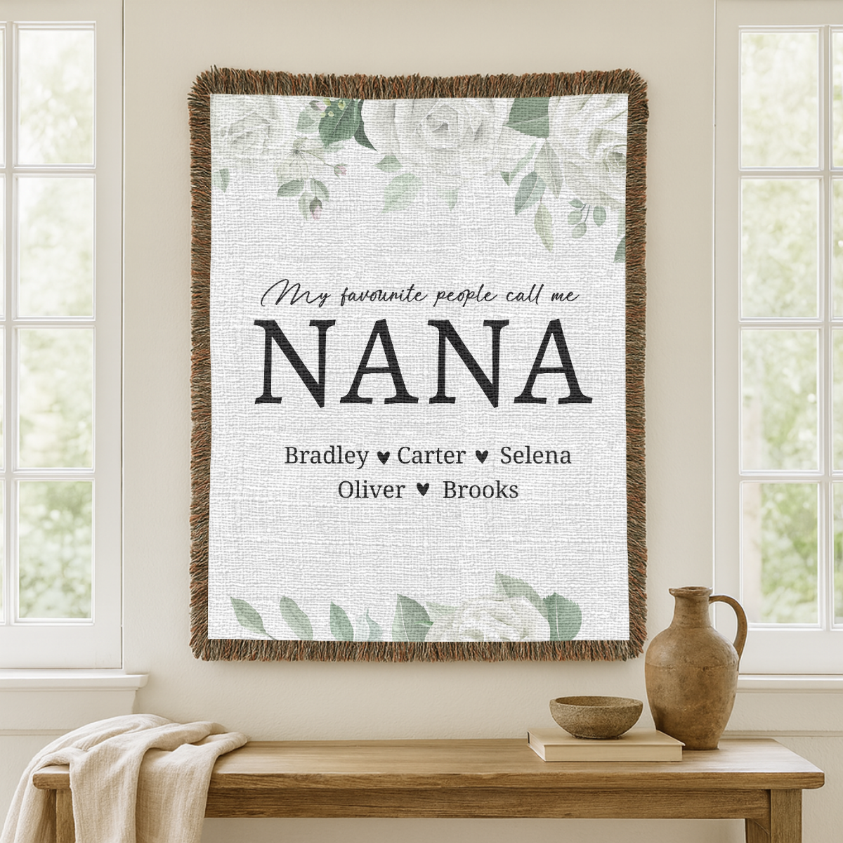 Personalized Nana Floral Woven Blanket, Custom Grandma Throw, Family Name Gift, Cozy Mother's Day Present, Botanical Home Decor for Nana