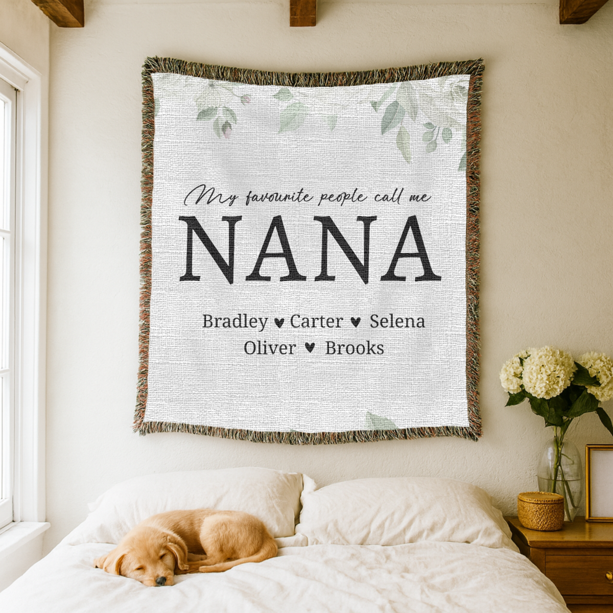 Personalized Nana Floral Woven Blanket, Custom Grandma Throw, Family Name Gift, Cozy Mother's Day Present, Botanical Home Decor for Nana