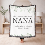 Personalized Nana Floral Woven Blanket, Custom Grandma Throw, Family Name Gift, Cozy Mother's Day Present, Botanical Home Decor for Nana