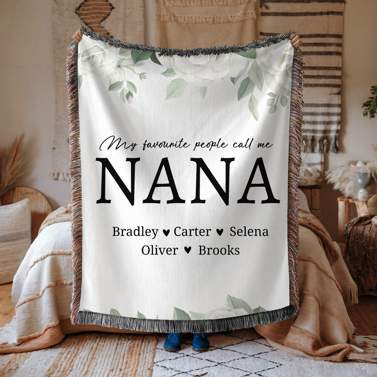 Personalized Nana Floral Woven Blanket, Custom Grandma Throw, Family Name Gift, Cozy Mother's Day Present, Botanical Home Decor for Nana