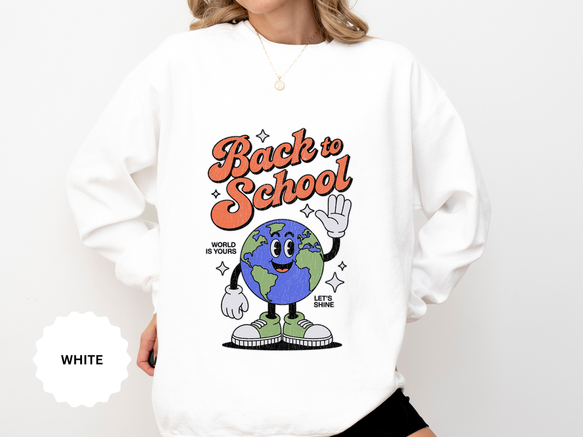 Back to School Earth Sweatshirt, Retro Globe Graphic Pullover, Teacher First Day Outfit, Student Gift, Classroom Crewneck, Educator Gift