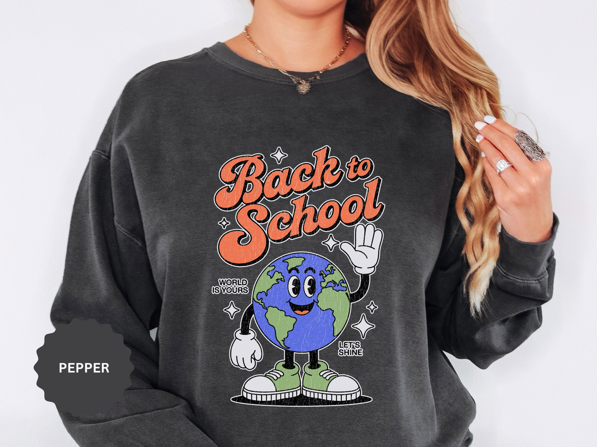 Back to School Earth Sweatshirt, Retro Globe Graphic Pullover, Teacher First Day Outfit, Student Gift, Classroom Crewneck, Educator Gift