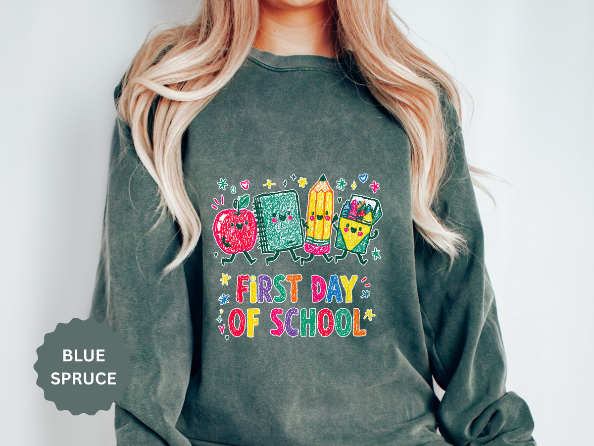 First Day of School Sweatshirt, Colorful School Supplies Pullover, Cute Teacher Outfit, Student Back to Class Gift, Classroom Crewneck