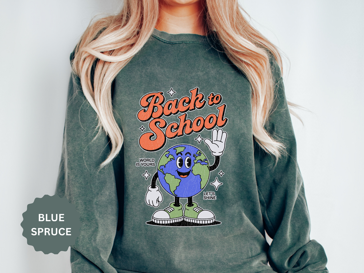 Back to School Earth Sweatshirt, Retro Globe Graphic Pullover, Teacher First Day Outfit, Student Gift, Classroom Crewneck, Educator Gift