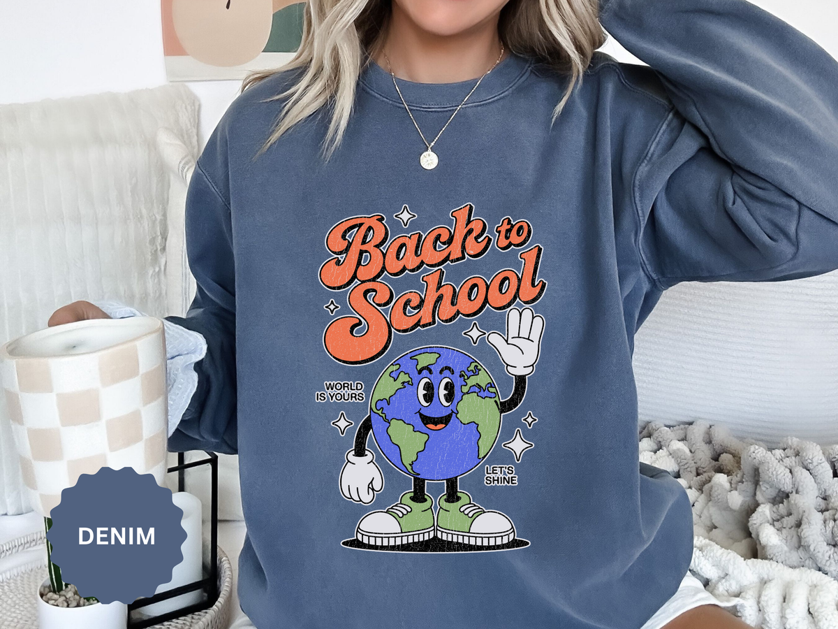 Back to School Earth Sweatshirt, Retro Globe Graphic Pullover, Teacher First Day Outfit, Student Gift, Classroom Crewneck, Educator Gift