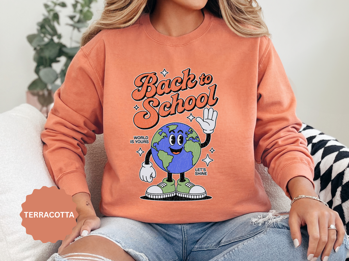 Back to School Earth Sweatshirt, Retro Globe Graphic Pullover, Teacher First Day Outfit, Student Gift, Classroom Crewneck, Educator Gift