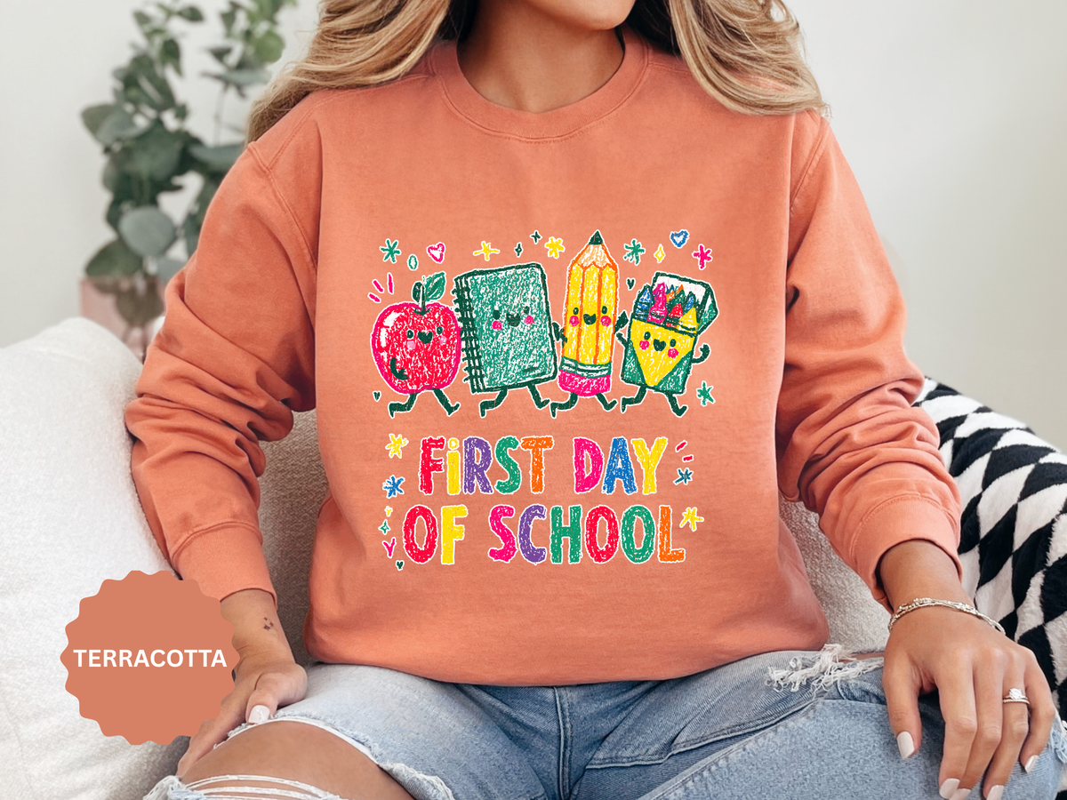 First Day of School Sweatshirt, Colorful School Supplies Pullover, Cute Teacher Outfit, Student Back to Class Gift, Classroom Crewneck