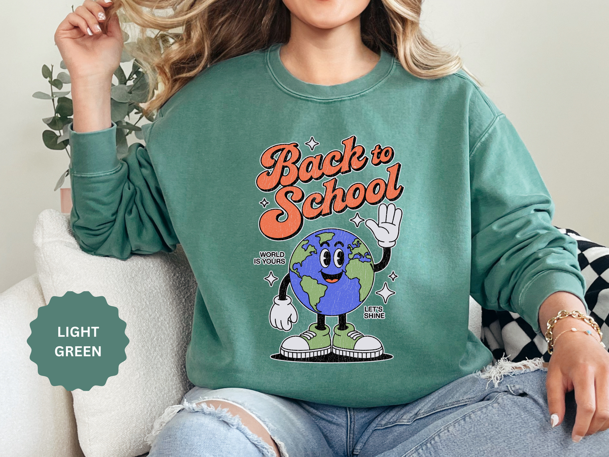 Back to School Earth Sweatshirt, Retro Globe Graphic Pullover, Teacher First Day Outfit, Student Gift, Classroom Crewneck, Educator Gift