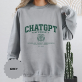A gray crewneck sweatshirt printed with a university-style crest and green varsity lettering reading School of Prompt Engineering.