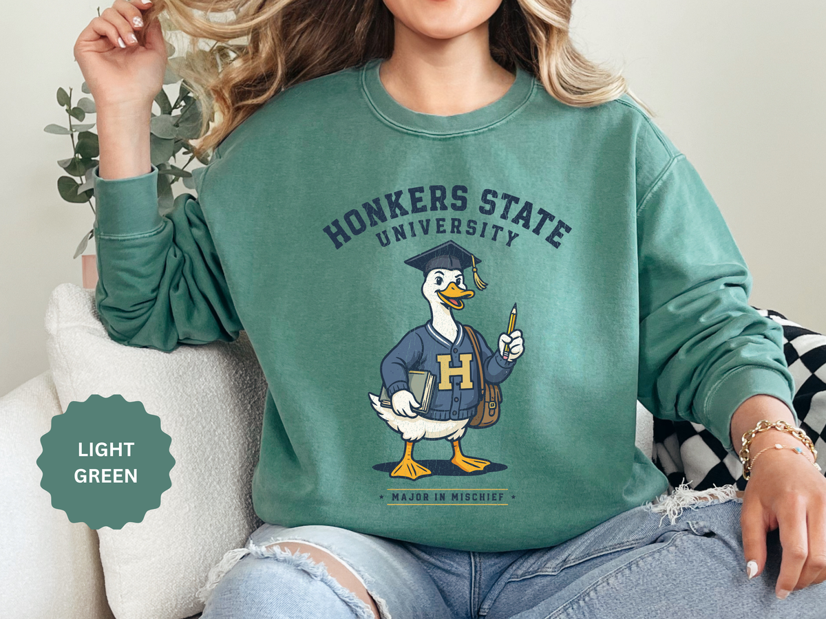 Honkers State University Sweatshirt, Funny Goose Graduate Crewneck, Major in Mischief College Student Gift, Graduation Campus Pullover