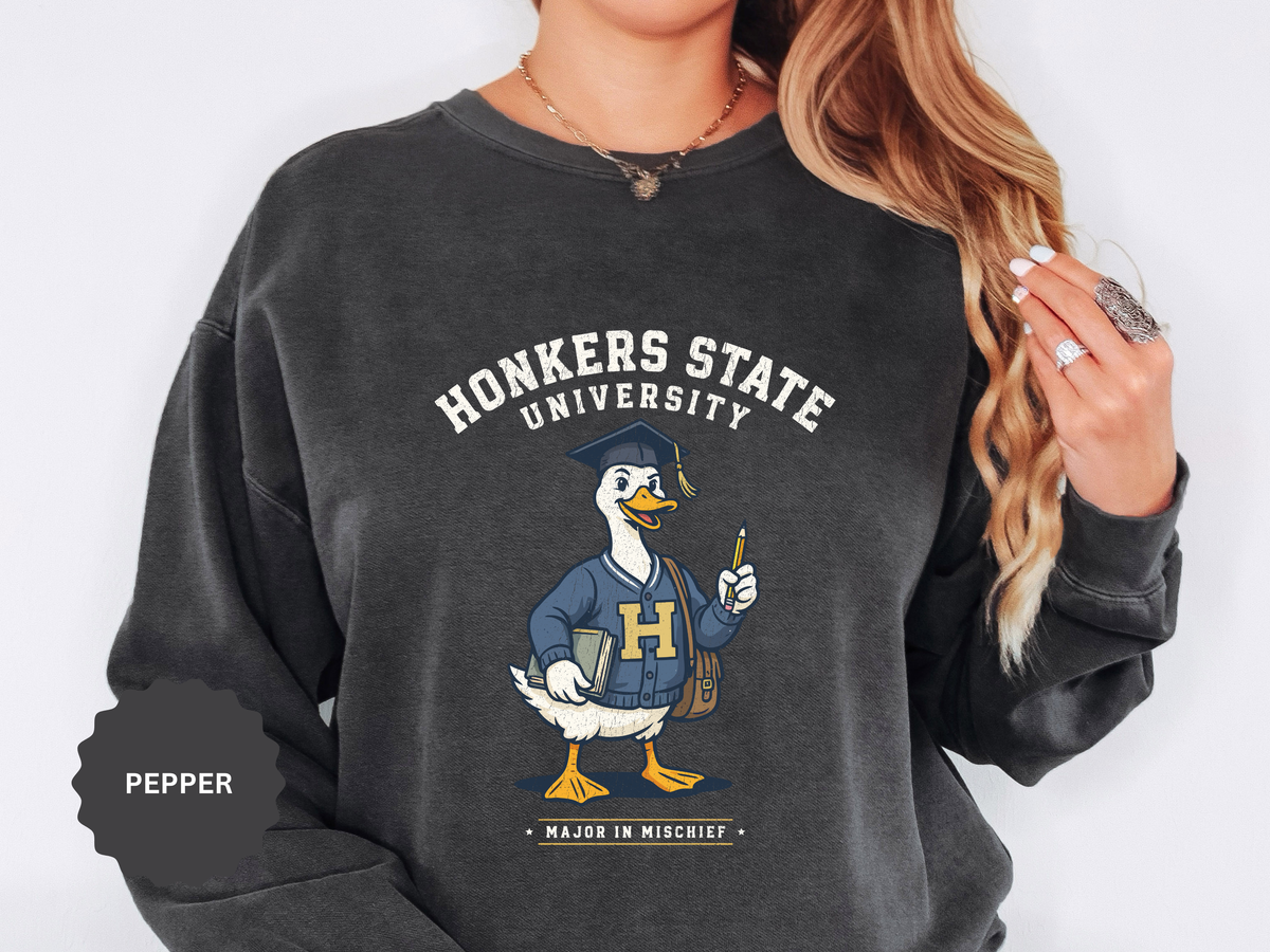 Honkers State University Sweatshirt, Funny Goose Graduate Crewneck, Major in Mischief College Student Gift, Graduation Campus Pullover