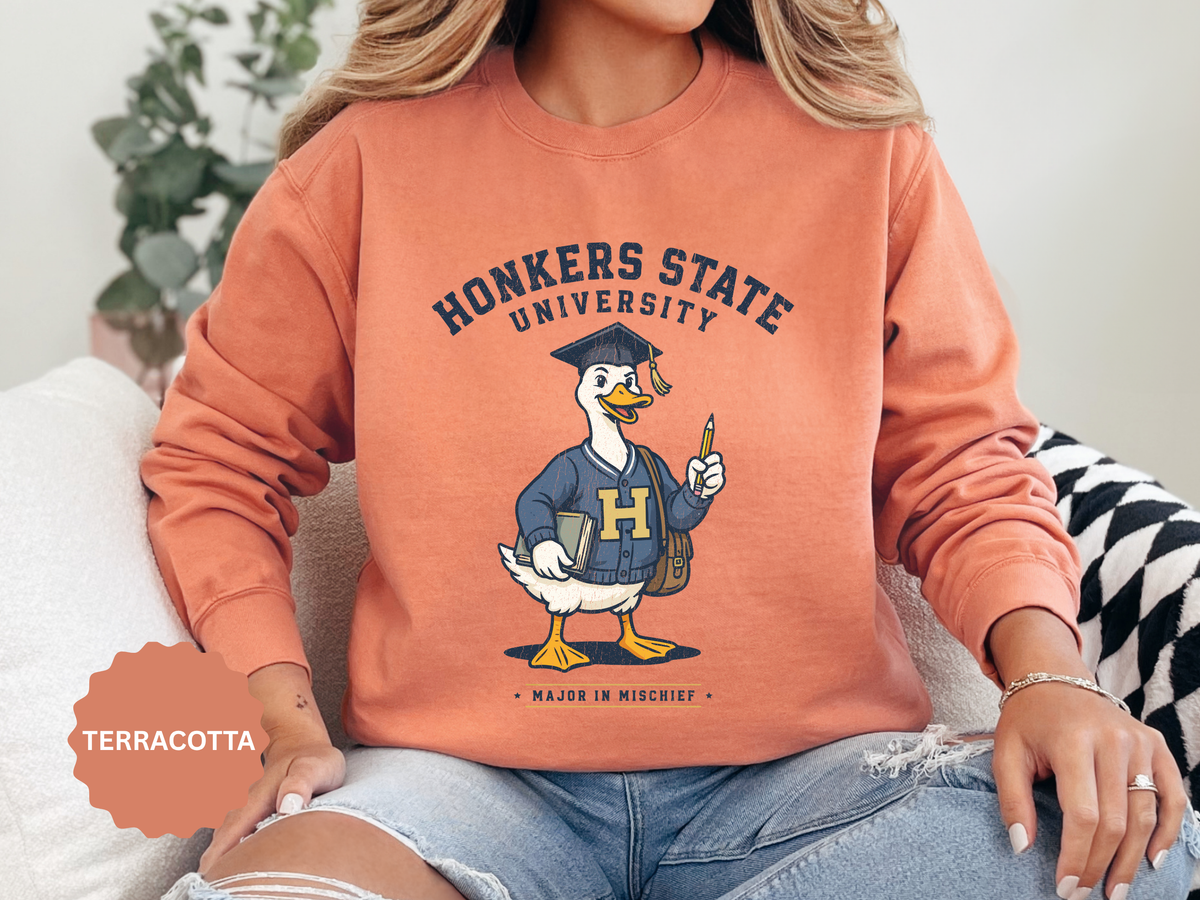 Honkers State University Sweatshirt, Funny Goose Graduate Crewneck, Major in Mischief College Student Gift, Graduation Campus Pullover