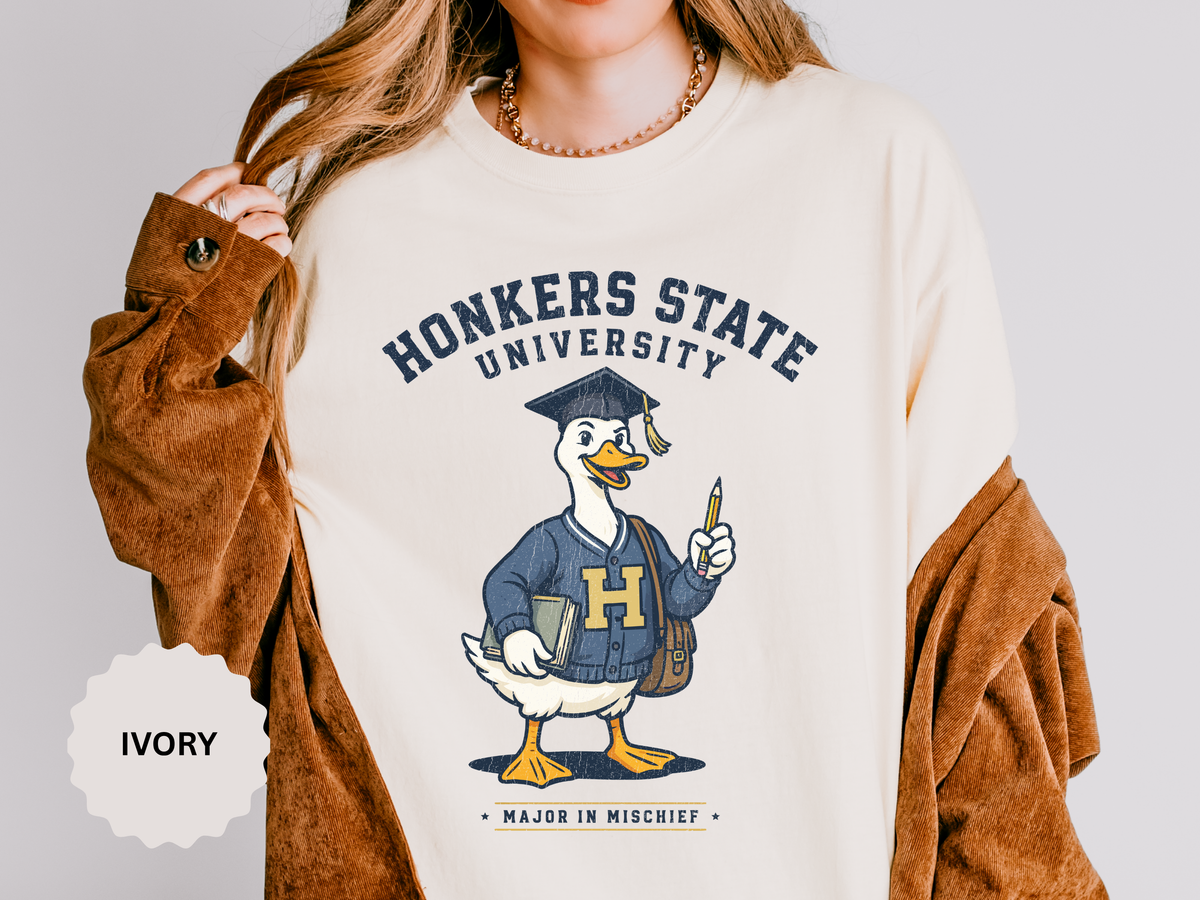 Honkers State University T-Shirt, Funny Goose Graduate Graphic Tee, Major in Mischief College Student Gift, Graduation Campus Shirt