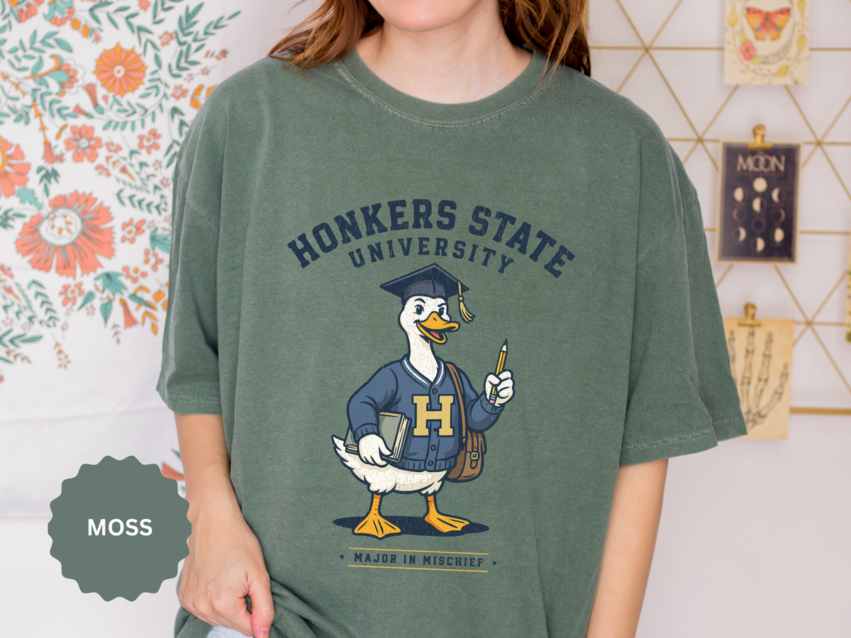 Honkers State University T-Shirt, Funny Goose Graduate Graphic Tee, Major in Mischief College Student Gift, Graduation Campus Shirt