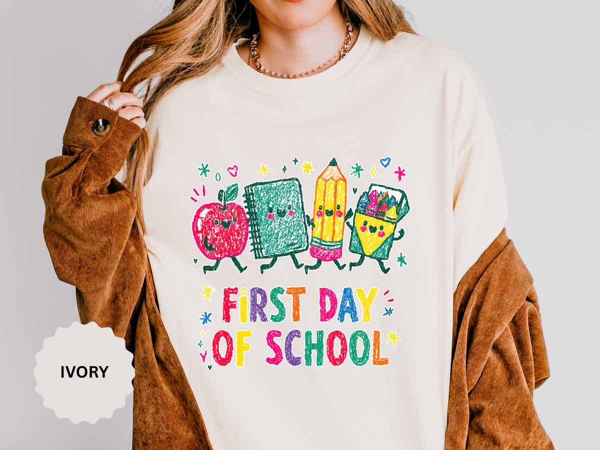 First Day of School T-Shirt, Colorful School Supplies Graphic Tee, Cute Teacher Outfit, Student Back to Class Gift, Classroom Shirt
