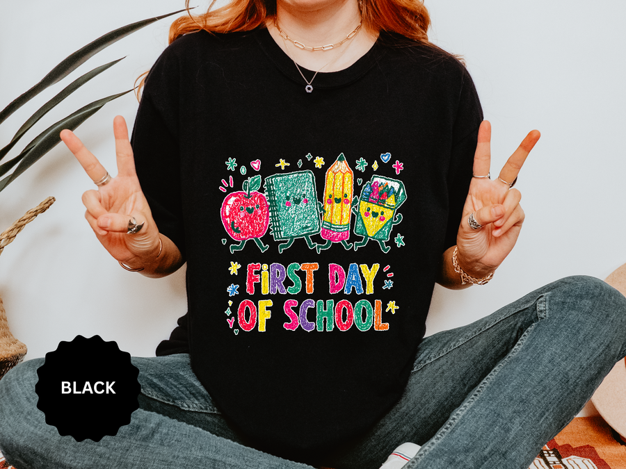First Day of School T-Shirt, Colorful School Supplies Graphic Tee, Cute Teacher Outfit, Student Back to Class Gift, Classroom Shirt