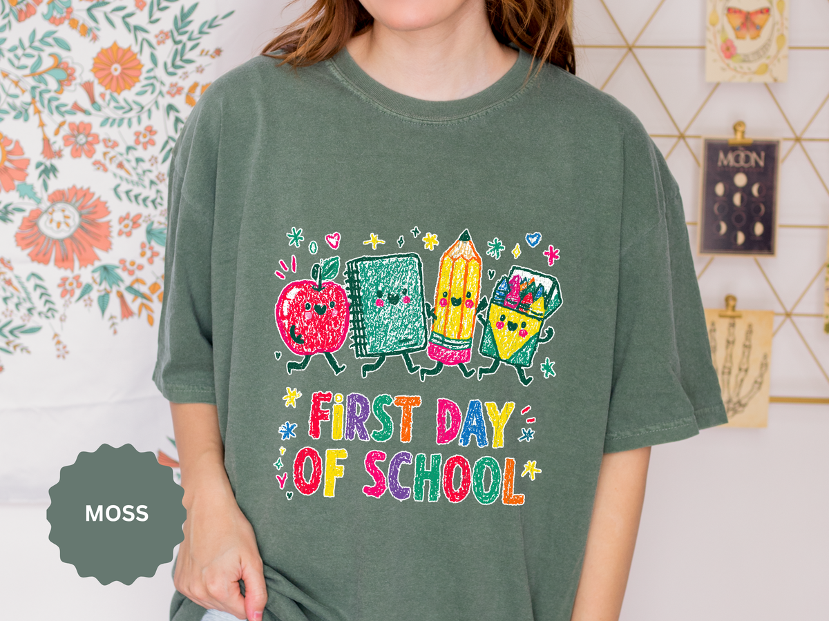First Day of School T-Shirt, Colorful School Supplies Graphic Tee, Cute Teacher Outfit, Student Back to Class Gift, Classroom Shirt