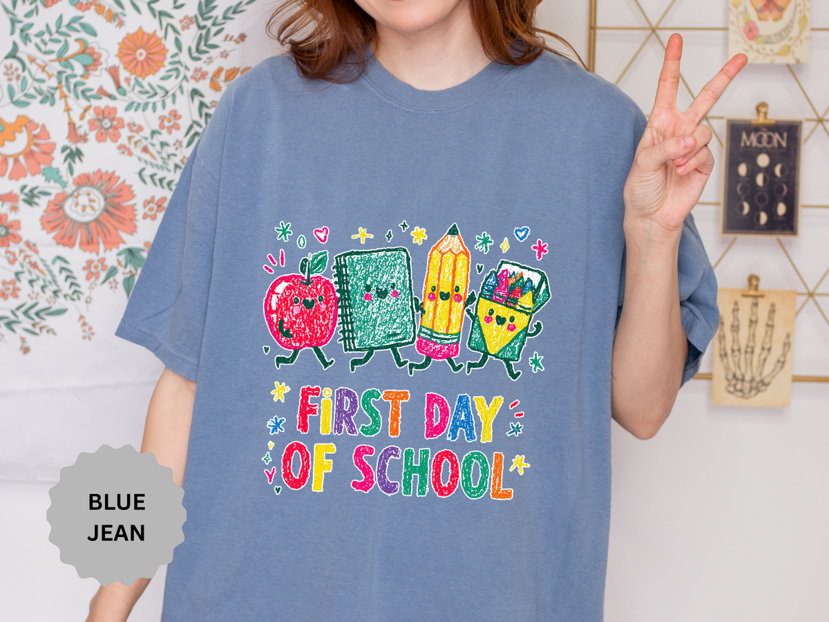 First Day of School T-Shirt, Colorful School Supplies Graphic Tee, Cute Teacher Outfit, Student Back to Class Gift, Classroom Shirt