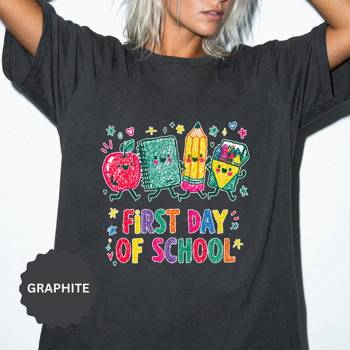 First Day of School T-Shirt, Colorful School Supplies Graphic Tee, Cute Teacher Outfit, Student Back to Class Gift, Classroom Shirt