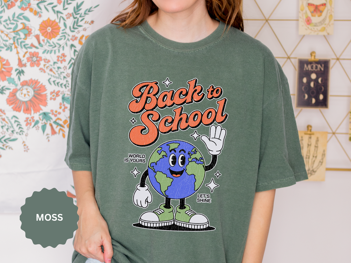 Back to School Earth T-Shirt, Retro Globe Graphic Tee, Teacher First Day Outfit, Student Gift, Classroom Shirt, Geography Educator Gift