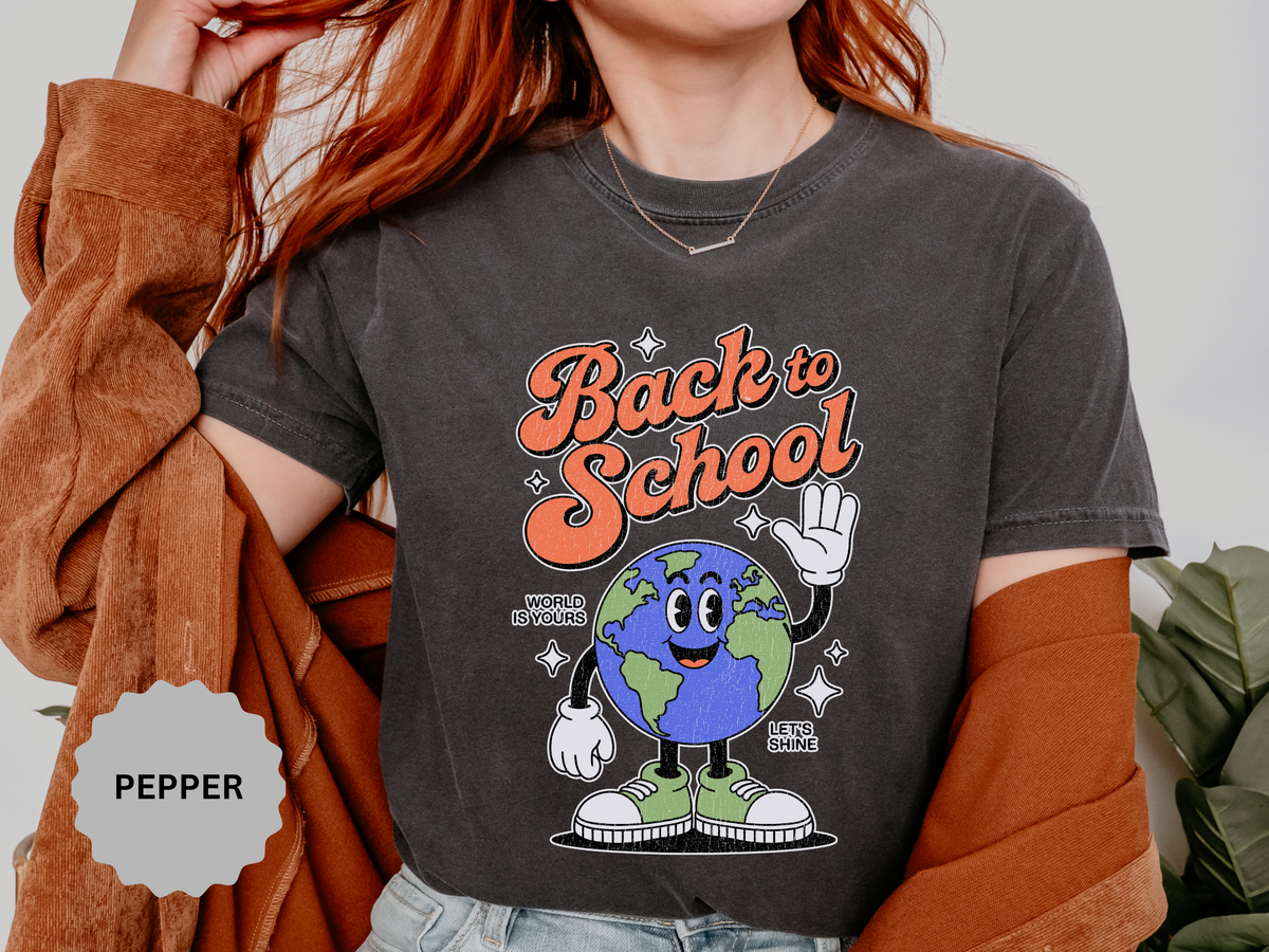 Back to School Earth T-Shirt, Retro Globe Graphic Tee, Teacher First Day Outfit, Student Gift, Classroom Shirt, Geography Educator Gift