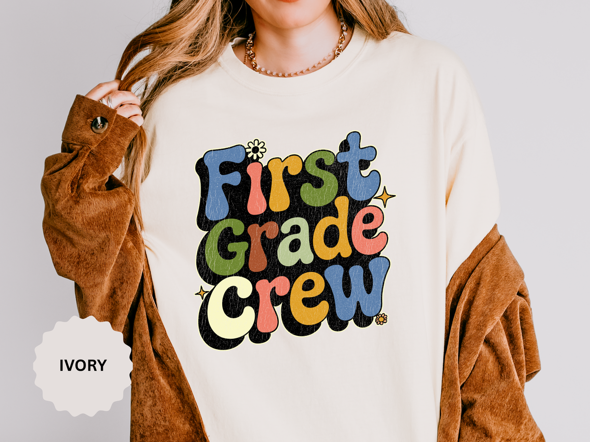 First Grade Crew T-Shirt, Retro Teacher Team Graphic Tee, Elementary School Staff Gift, First Day Classroom Outfit, Grade One Shirt