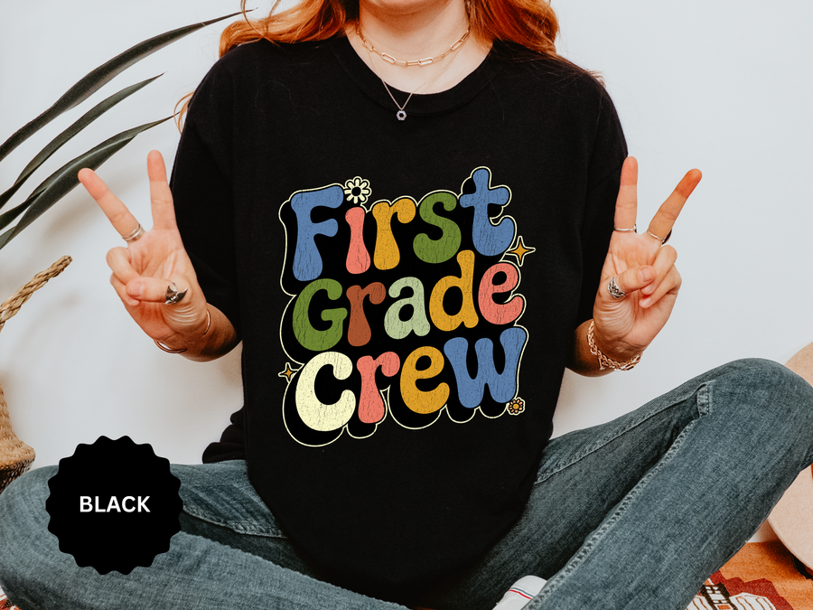 First Grade Crew T-Shirt, Retro Teacher Team Graphic Tee, Elementary School Staff Gift, First Day Classroom Outfit, Grade One Shirt