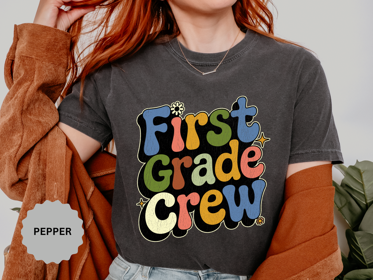 First Grade Crew T-Shirt, Retro Teacher Team Graphic Tee, Elementary School Staff Gift, First Day Classroom Outfit, Grade One Shirt