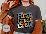 First Grade Crew T-Shirt, Retro Teacher Team Graphic Tee, Elementary School Staff Gift, First Day Classroom Outfit, Grade One Shirt