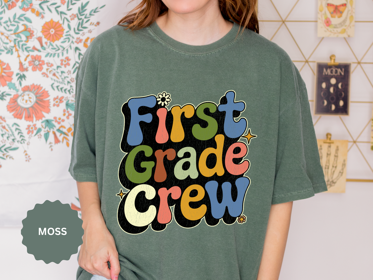 First Grade Crew T-Shirt, Retro Teacher Team Graphic Tee, Elementary School Staff Gift, First Day Classroom Outfit, Grade One Shirt
