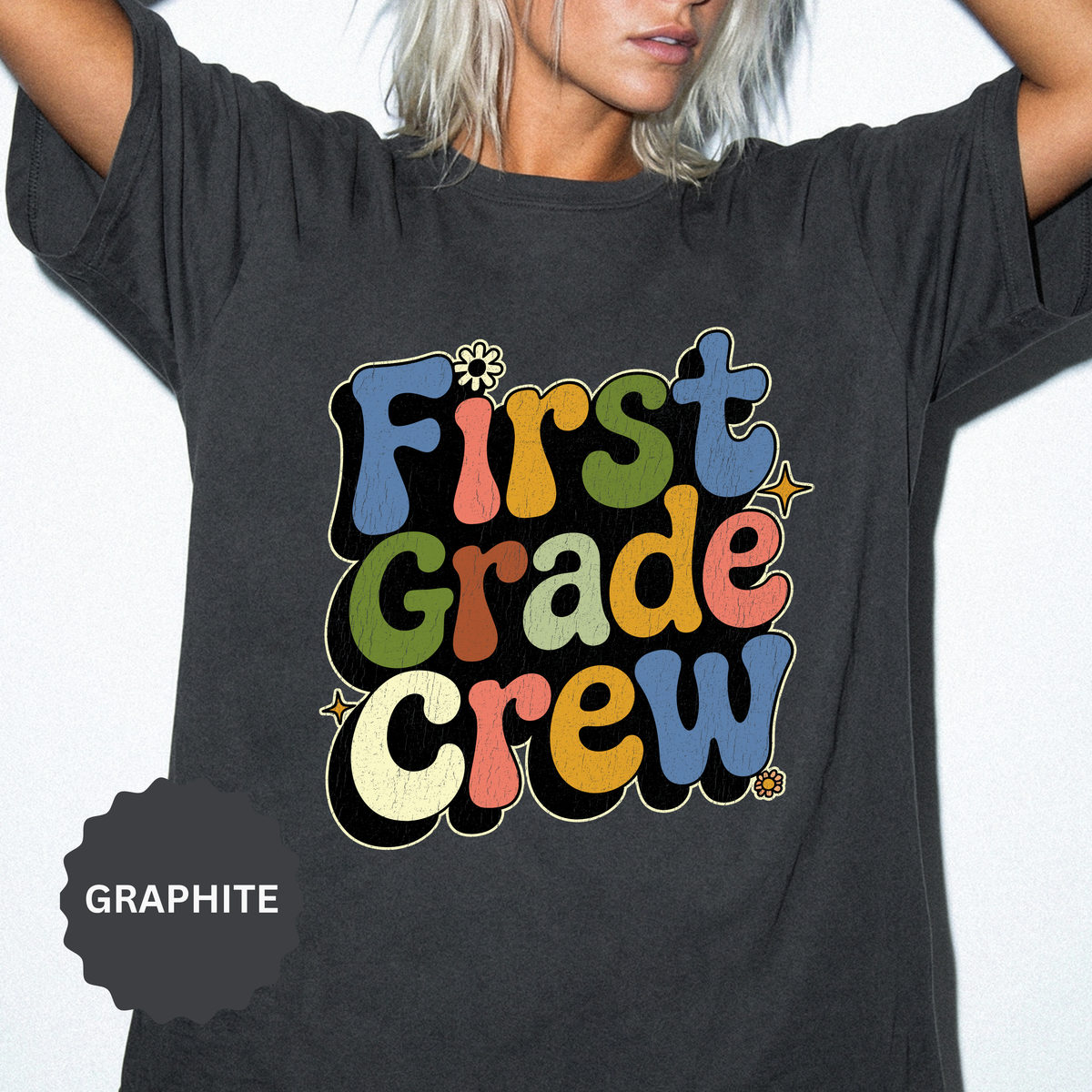 First Grade Crew T-Shirt, Retro Teacher Team Graphic Tee, Elementary School Staff Gift, First Day Classroom Outfit, Grade One Shirt