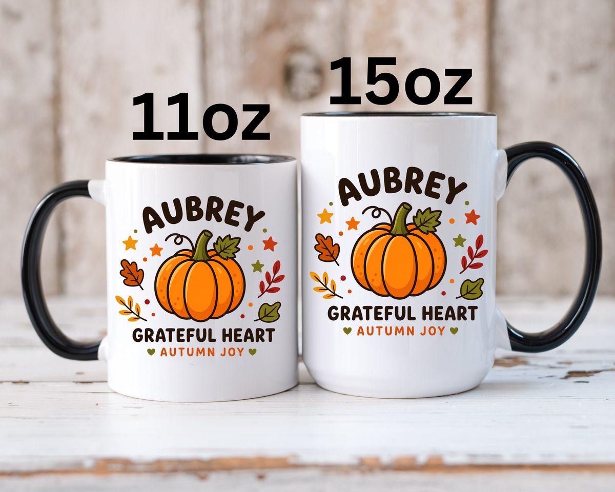 Personalized Pumpkin Name Mug, Custom Aubrey Fall Coffee Cup, Grateful Heart Autumn Gift for Her, Thanksgiving Birthday Keepsake Gift