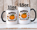 Personalized Pumpkin Name Mug, Custom Aubrey Fall Coffee Cup, Grateful Heart Autumn Gift for Her, Thanksgiving Birthday Keepsake Gift