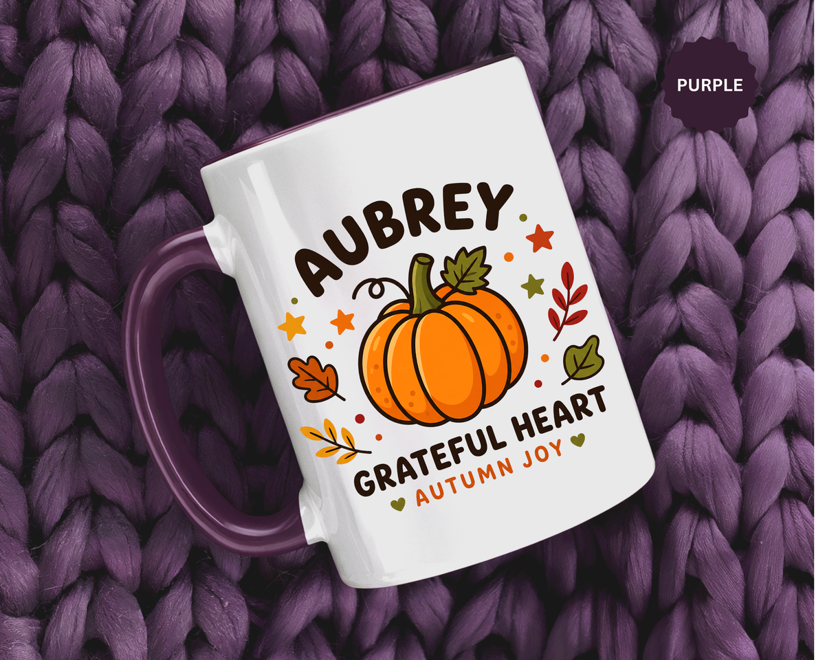 Personalized Pumpkin Name Mug, Custom Aubrey Fall Coffee Cup, Grateful Heart Autumn Gift for Her, Thanksgiving Birthday Keepsake Gift