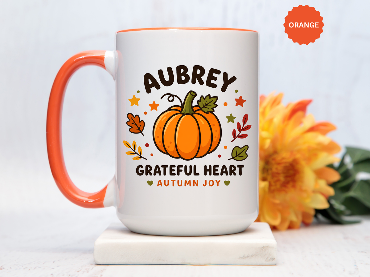 Personalized Pumpkin Name Mug, Custom Aubrey Fall Coffee Cup, Grateful Heart Autumn Gift for Her, Thanksgiving Birthday Keepsake Gift
